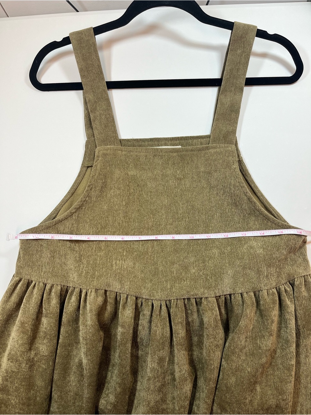 Listicle Olive Green Corduroy Pinafore Overall Dress Size Small Ruffle Hem - Picture 6 of 6